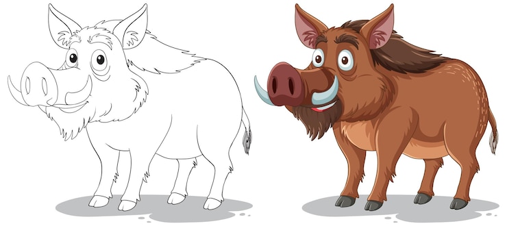 Vector gratuito amigables jabalíes de dibujos animados en color y contorno