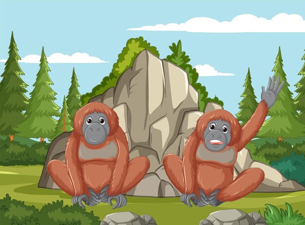 Vector gratuito los amigables orangutanes en el desmonte del bosque