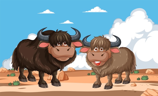 Vector gratuito amigables yaks en un día soleado