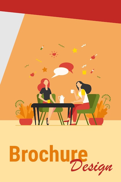 Amigas en la cafetería. Mujeres sentadas a la mesa, tomando té o café, hablando con bocadillo. Ilustración de vector de chat, comunicación, almuerzo, concepto de amistad