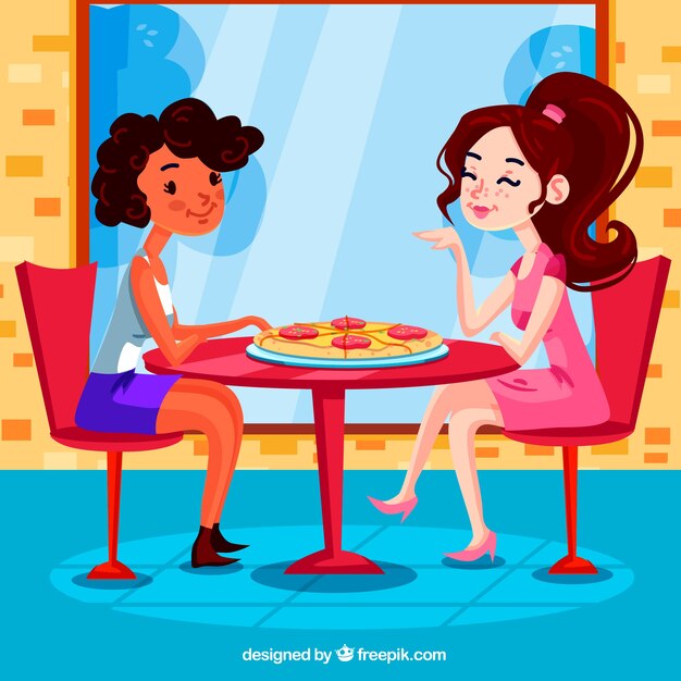 Amigas sonrientes en una pizería