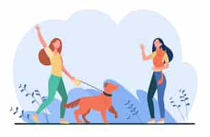 Vector gratuito amigo caminando con mascotas, encontrándose y saludando. mujeres con perro y gato fuera de ilustración plana.