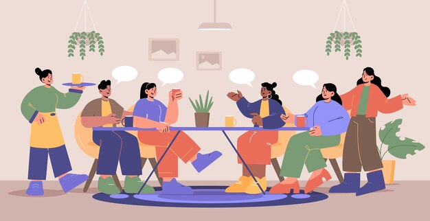 Amigos beben café y hablan en la cafetería Vector ilustración plana del interior del restaurante o cafetería con camarera de plantas de mesa y grupo de personas multirraciales felices sentados juntos