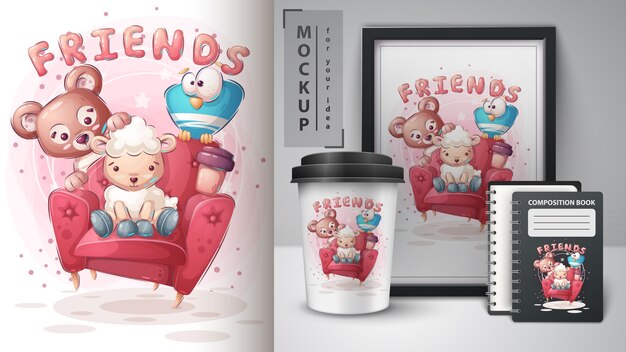 Amigos en cartel de sofá y merchandising.
