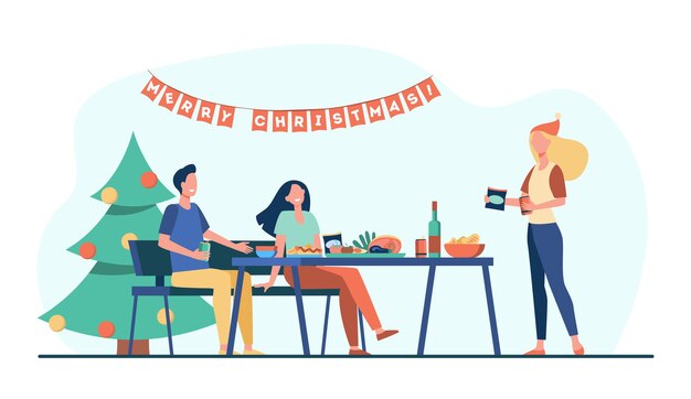 Amigos celebrando la Navidad juntos. Árbol, cena, mesa, decoración. Ilustración de dibujos animados