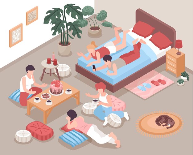 Amigos comiendo pastel tomando fotos sobre almohadas en la fiesta de pijamas 3d ilustración vectorial isométrica