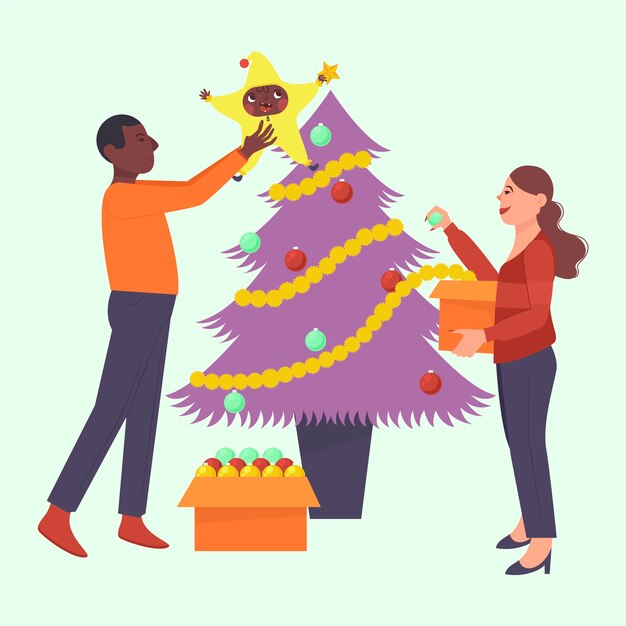 Amigos decorando el árbol de navidad