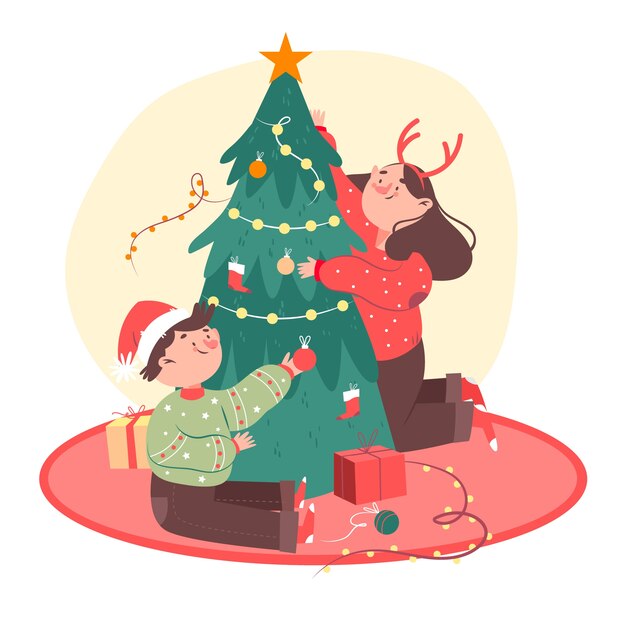 Amigos decorando el árbol de navidad