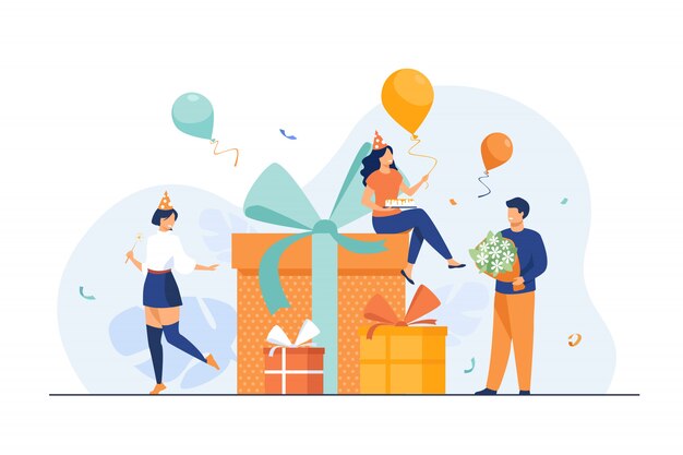 Amigos de dibujos animados celebrando cumpleaños con globos y regalos