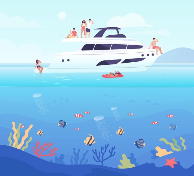 Amigos de dibujos animados en trajes de baño relajantes y tomando el sol en yate. Gente feliz teniendo fiesta en la ilustración de vector plano de mar. Verano, concepto de vacaciones para banner, diseño de sitio web o página web de inicio