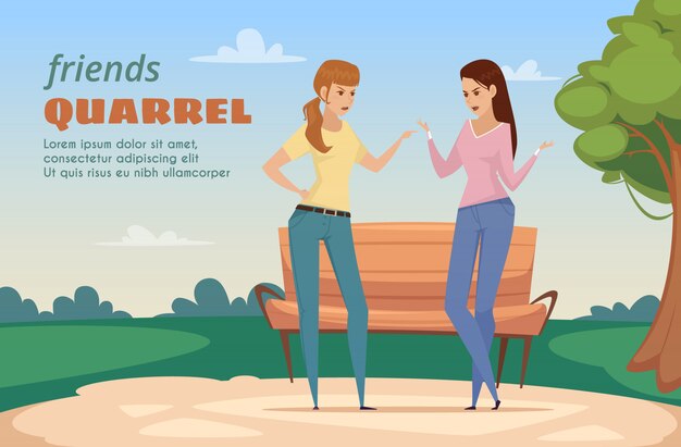 Los amigos disputan la plantilla con dos señoras enojadas en el parque en la ilustración de vector de estilo plano