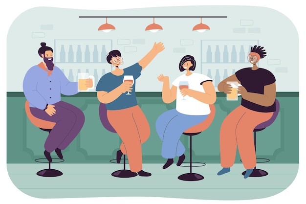 Amigos felices bebiendo cerveza y vino en el pub. Gente sentada en el bar y tomando bebidas alcohólicas ilustraciones vectoriales planas. Celebración, concepto de relajación para banner, diseño de sitio web o página web de inicio
