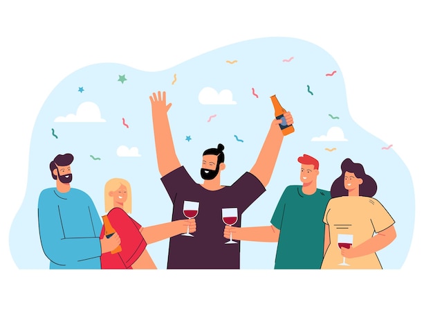 Vector gratuito amigos felices bebiendo vino o cerveza juntos ilustración plana