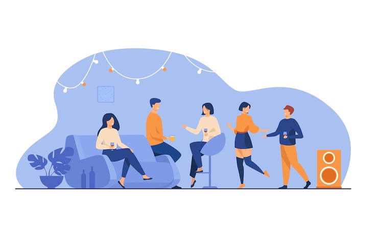 Vector gratuito amigos felices en el partido de casa aislado ilustración vectorial plana. grupo de dibujos animados de estudiantes bailando, hablando y divirtiéndose juntos en el apartamento.