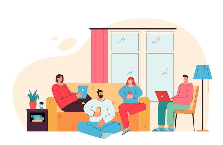 Vector gratuito amigos felices sentados en la sala de estar con dispositivos digitales ilustración plana