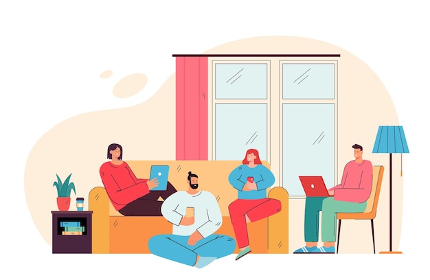 Amigos felices sentados en la sala de estar con dispositivos digitales ilustración plana