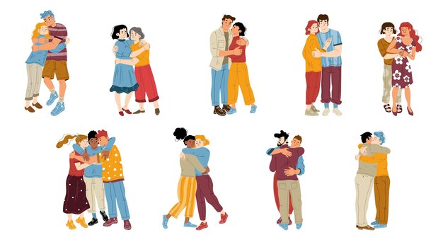 Los amigos de la gente feliz se abrazan juntos