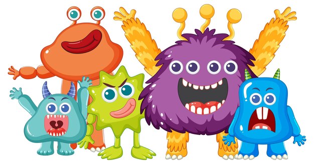 Amigos monstruos alienígenas lindos en coloridas ilustraciones de dibujos animados