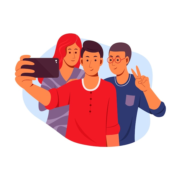 Amigos planos tomando selfie juntos
