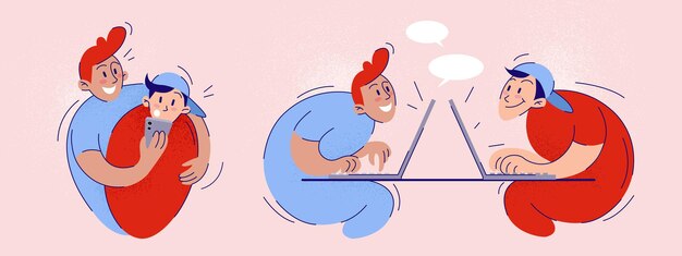 Amigos que usan teléfonos inteligentes y portátiles