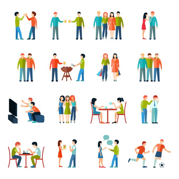 Amigos relaciones personas sociedad iconos conjunto plana