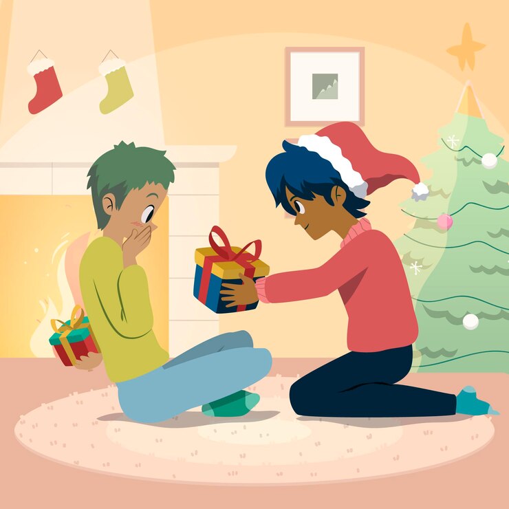 Vector gratuito amigos reuniendo regalos de navidad el uno para el otro