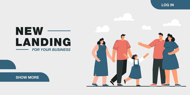 Amistad de familias ilustración vectorial plana. Pareja esperando bebé y padres con hija reuniéndose al aire libre, pasando tiempo juntos. Amistad, familia, concepto de naturaleza para el diseño de pancartas