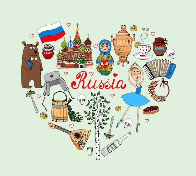 Amo la ilustración de corazón de vector de Rusia con iconos culturales