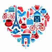 Vector gratuito amo el símbolo del corazón de parís con conjunto de iconos aislado