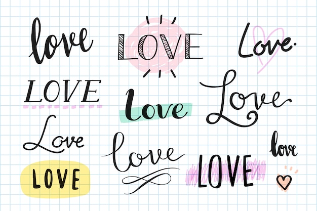 Vector gratuito amor conjunto de tipografía manuscrita.