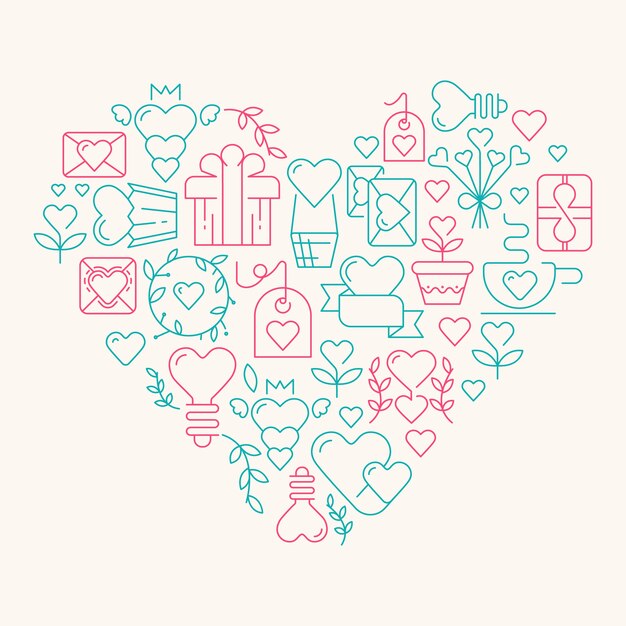 Amor en el corazón gigantesco con muchos elementos que simbolizan la ilustración del día de San Valentín