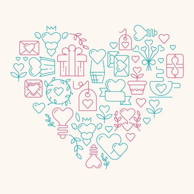 Amor en el corazón gigantesco con muchos elementos que simbolizan la ilustración del día de San Valentín