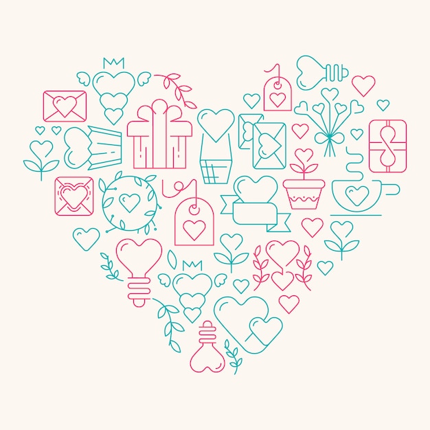 Amor en el corazón gigantesco con muchos elementos que simbolizan la ilustración del día de San Valentín