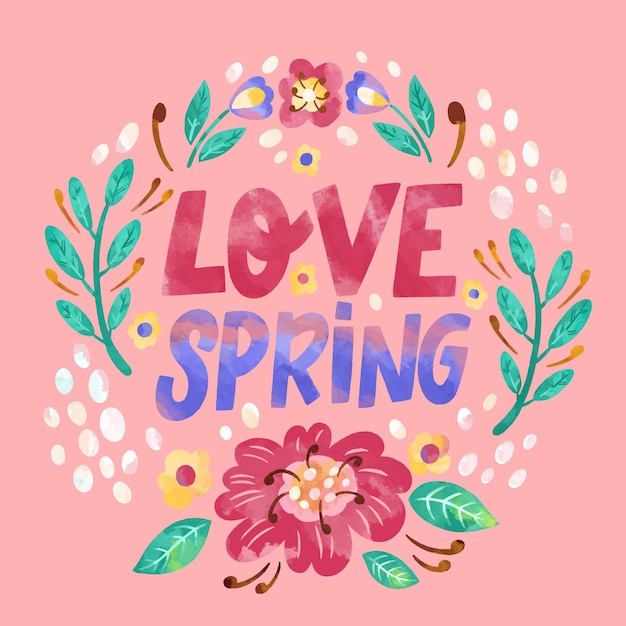 Amor letras de primavera con flores y hojas.