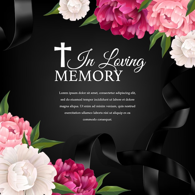 En amorosa composición de fondo de memoria con flores cinta negra y cruz fúnebre con texto editable de condolencias ilustración vectorial