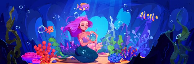 El amoroso hada sirena se sienta en el fondo del mar o el océano
