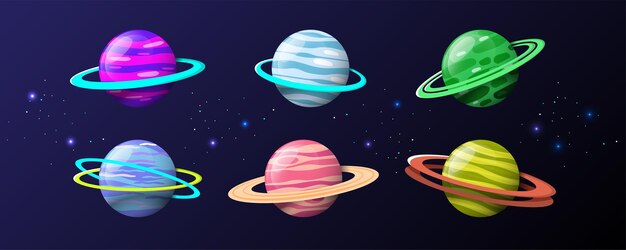 Una amplia gama de diseños de planetas espaciales para producir dibujos animados e ilustraciones de juegos o en proyectos impresos