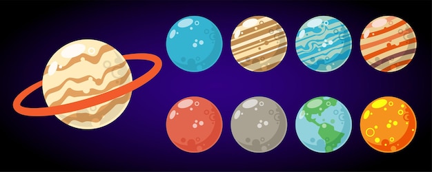 Una amplia gama de diseños de planetas espaciales para producir dibujos animados e ilustraciones de juegos o en proyectos impresos