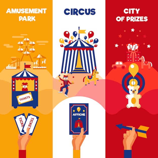 Vector gratuito amusement park circus entradas 3 banners verticales