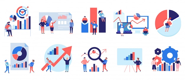 Vector gratuito análisis de datos herramientas técnicas diagramas gráficos símbolos presentación análisis estrategia colorido elementos planos conjunto aislado