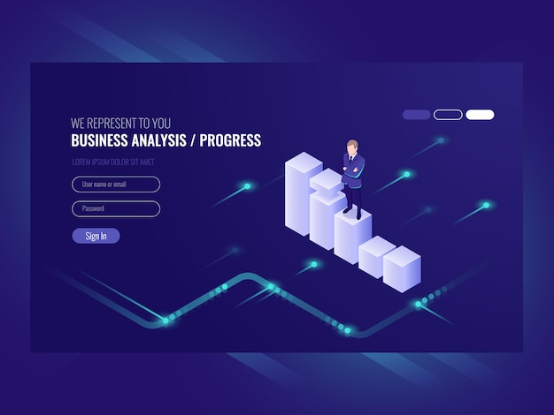 Análisis empresarial y progreso concpet, empresario, calendario de datos