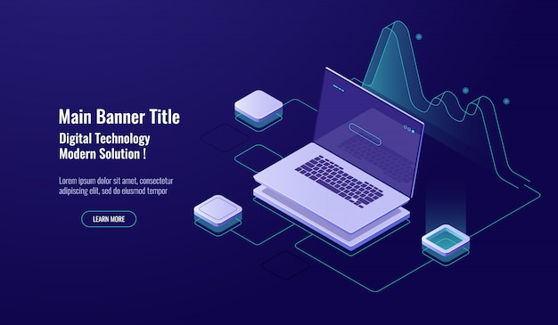 Análisis en línea, procesamiento de big data, computadora portátil con gráfica, visualización de datos, isométrica