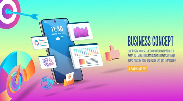 Análisis y planificación de negocios en línea en dispositivos de teléfonos inteligentes. Trabajo en línea para negocios financieros y evaluación. ilustración conceptos gestión crecimiento empresarial, estadística, seguimiento