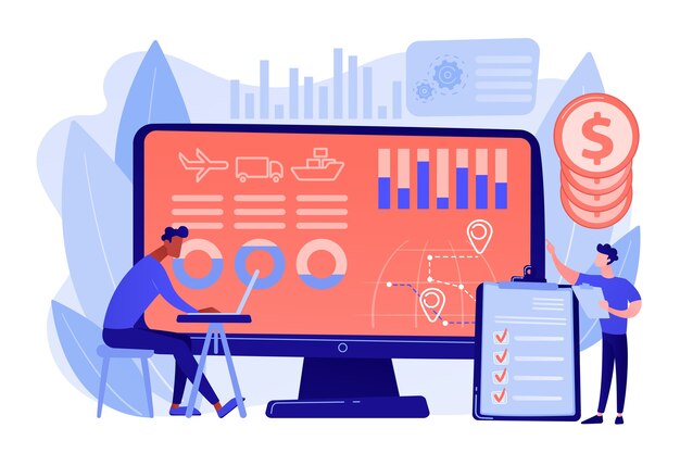 Análisis de rentabilidad de la industria logística y del transporte. Análisis de la cadena de suministro, datos de los proveedores de transporte, concepto de optimización de los costos de transporte. Ilustración aislada de bluevector coral rosado