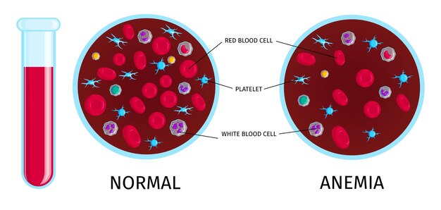 Análisis de sangre con infografía de anemia.