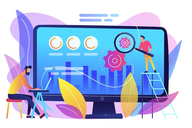 El analista y especialista CRO aumenta el porcentaje de clientes. Optimización de la tasa de conversión, sistema de marketing digital, concepto de marketing de atracción de clientes potenciales. Ilustración aislada violeta vibrante brillante