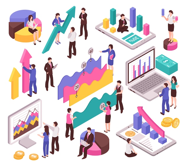 Analista de negocios con diagramas y gráficos isométricos aislados