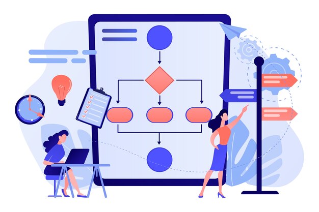 Analista de negocios con laptop, bombilla de idea y marca de referencia. Gestión de decisiones, análisis empresarial, herramienta de TI de decisiones e ilustración del concepto de sistema de decisiones