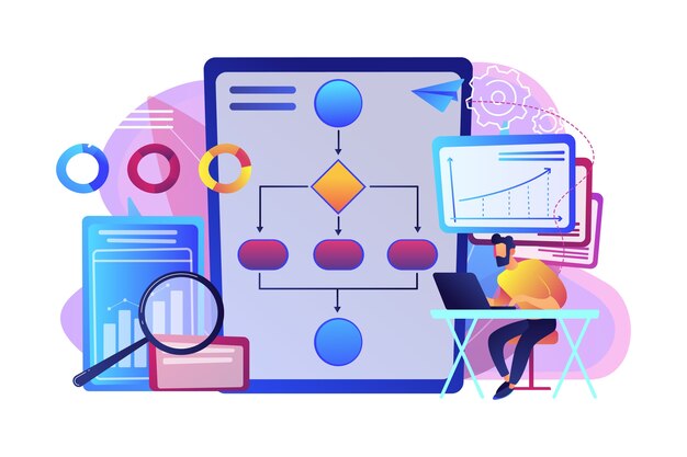 Analista trabajando en computadora portátil con proceso de automatización. Automatización de procesos empresariales, flujo de trabajo de procesos empresariales, concepto de sistema empresarial automatizado.