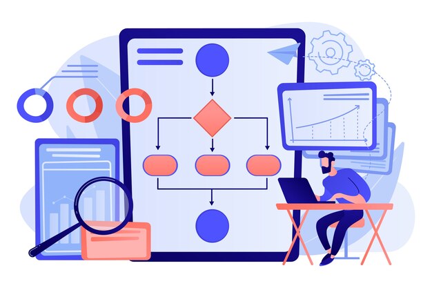 Analista trabajando en computadora portátil con proceso de automatización. Automatización de procesos empresariales, flujo de trabajo de procesos empresariales, ilustración del concepto de sistema empresarial automatizado